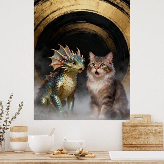 Mythical Cat-Dragon Creatures Surprised Poster (Keuken)