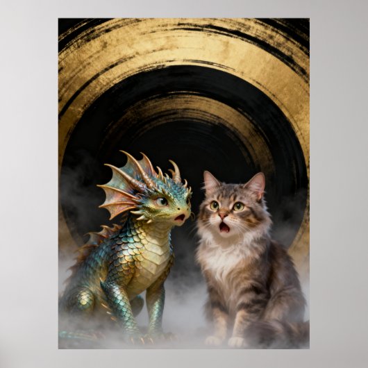 Mythical Cat-Dragon Creatures Surprised Poster (Voorkant)