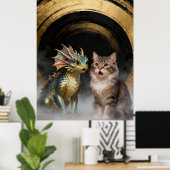 Mythical Cat-Dragon Creatures Surprised Poster (Thuiskantoor)