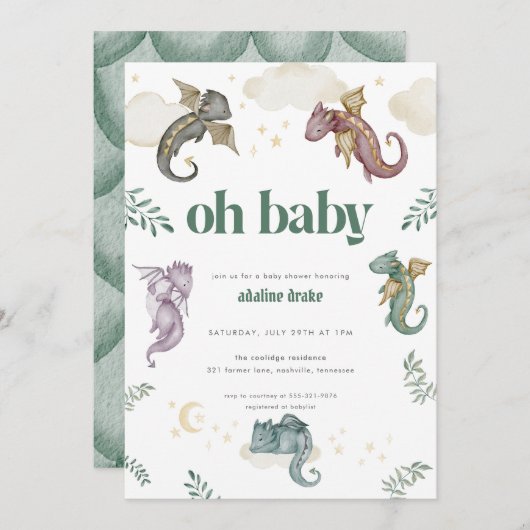 Mythical Dragon Baby shower Invitation Fairytale Kaart (Voorkant / Achterkant)