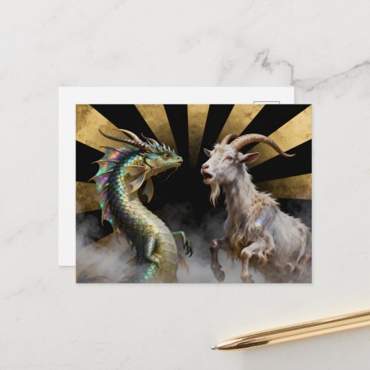 Mythical Goat-Dragon Creatures Surprised Briefkaart (Voorkant / Achterkant in situ)