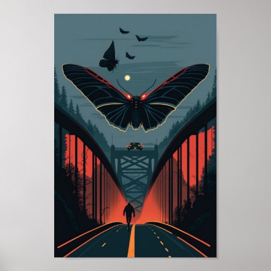 Mythical Mothman and Silver Bridge Woodcut Print (Voorkant)