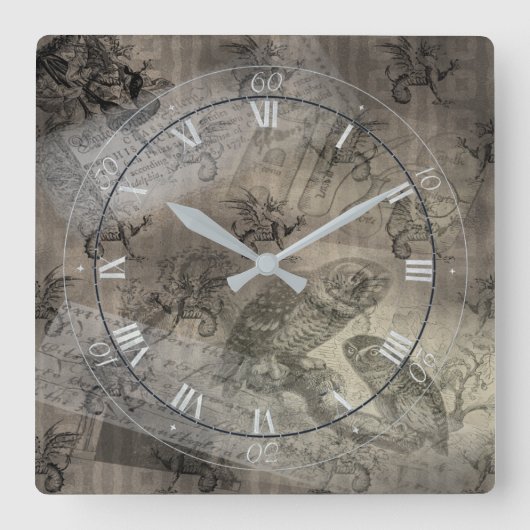 Mythical Owl Halloween Ephemera Paper Pattern Vierkante Klok (Voorkant)