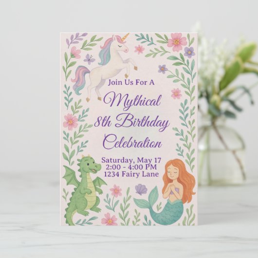 Mythical Unicorn Birthday invitation Kaart (Staand voorkant)