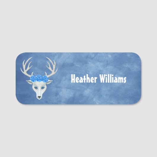 Mythical White Deer Head Antlers Rozen op blauw Naamplaatje (Voorkant)