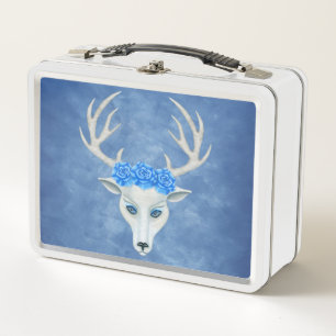 Mythical White Deer Head Big Antlers Rozen op Blau