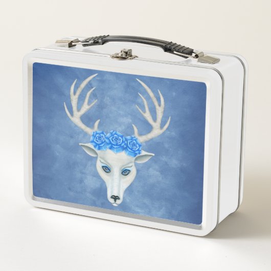 Mythical White Deer Head Big Antlers Rozen op Blau (Voorkant)