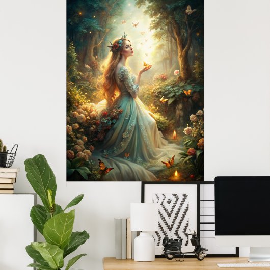 Mythisch meisje in het bos poster (Thuiskantoor)