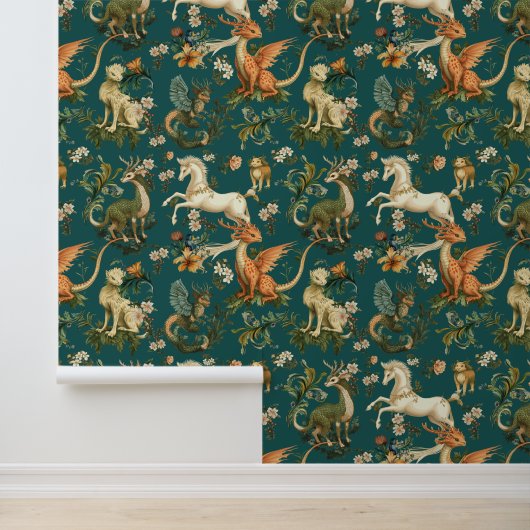 Mythische Dieren Boswezens Teal Behang (Applicatie)
