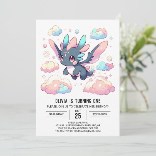 Mythische Draak 1e Verjaardag Kaart (Staand voorkant)