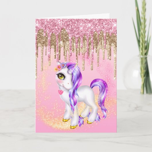 Mythische eenhoorn glitter pony paarse haren drupp kaart (Voorkant)