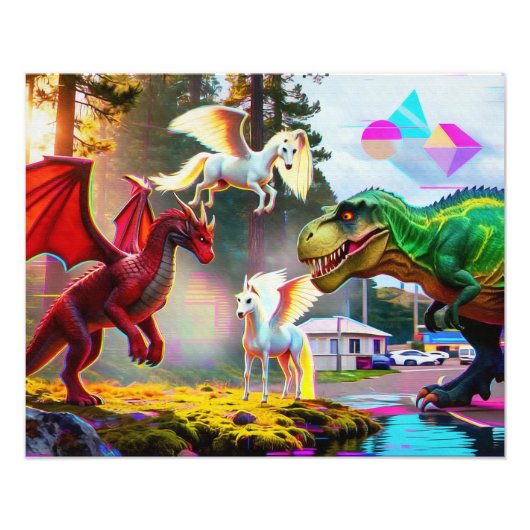 Mythische en prehistorische Pegasus, Draak, Dinosa Foto Afdruk (Voorkant)