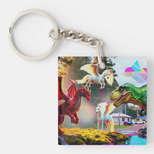 Mythische en prehistorische Pegasus, Draak, Dinosa Sleutelhanger (voorkant)