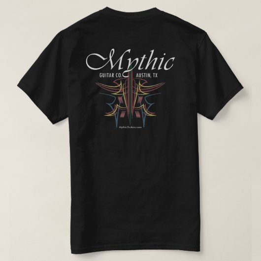 Mythische gitaar co kleur pinstripe t-shirt (Design achterkant)