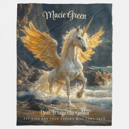 Mythische gouden gevleugelde Pegasus Ocean Fantasy Fleece Deken (Voorkant)