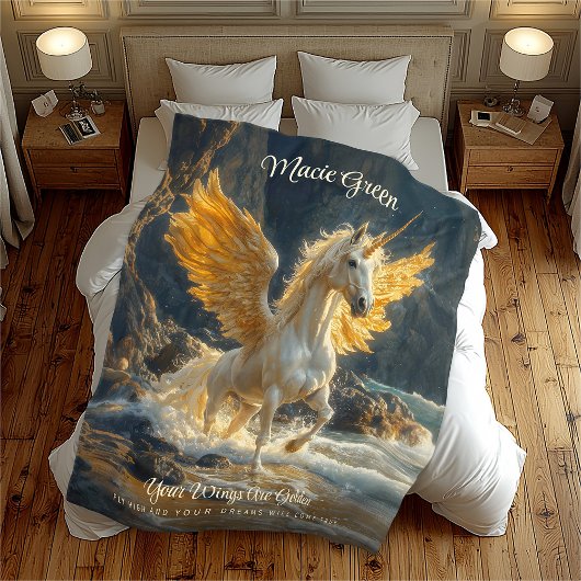 Mythische gouden gevleugelde Pegasus Ocean Fantasy Fleece Deken