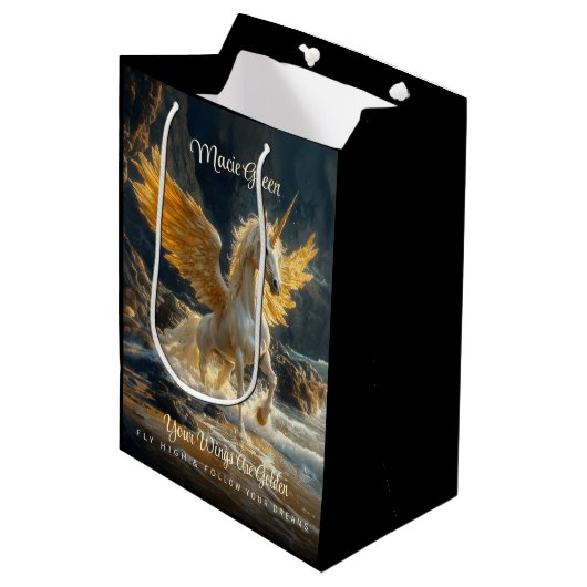 Mythische gouden gevleugelde Pegasus Ocean Fantasy Medium Cadeauzakje (Voorkant Gekanteld)