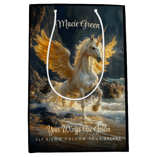 Mythische gouden gevleugelde Pegasus Ocean Fantasy Medium Cadeauzakje (Voorkant)
