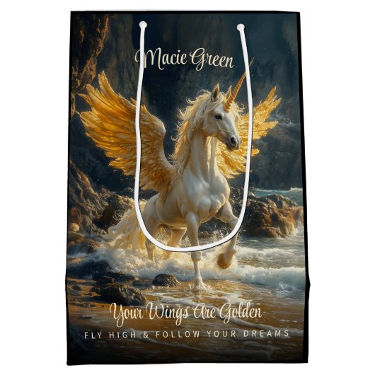 Mythische gouden gevleugelde Pegasus Ocean Fantasy Medium Cadeauzakje (Achterkant)