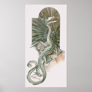 Mythische hagedisdraak op rotsen, vintage mytholog poster