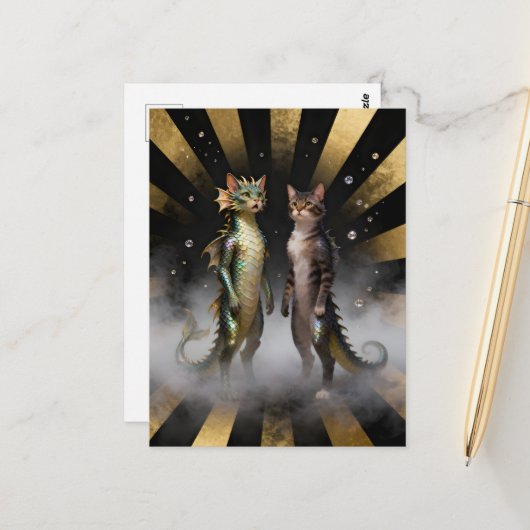 Mythische kat-draak wezens briefkaart (Voorkant / Achterkant in situ)