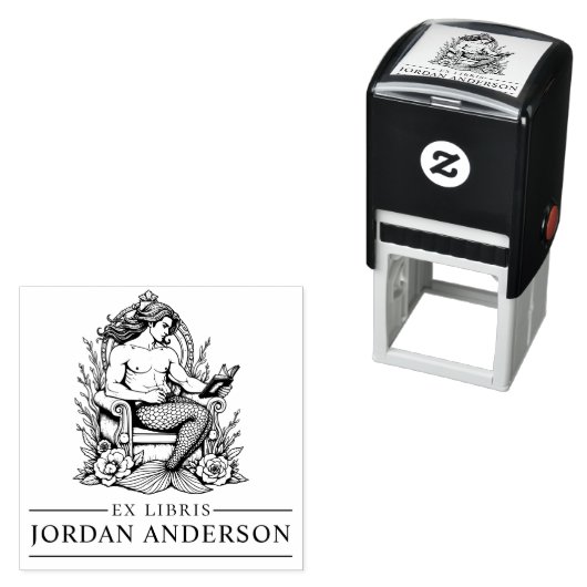 Mythische Mannelijke Merman Ex Libris Bibliotheek  Zelfinktende Stempel (In situ)