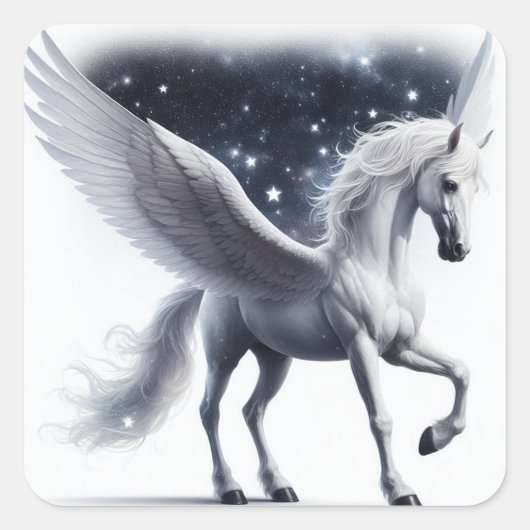 Mythische Pegasus met sterren tussen haar vleugels Vierkante Sticker (Voorkant)