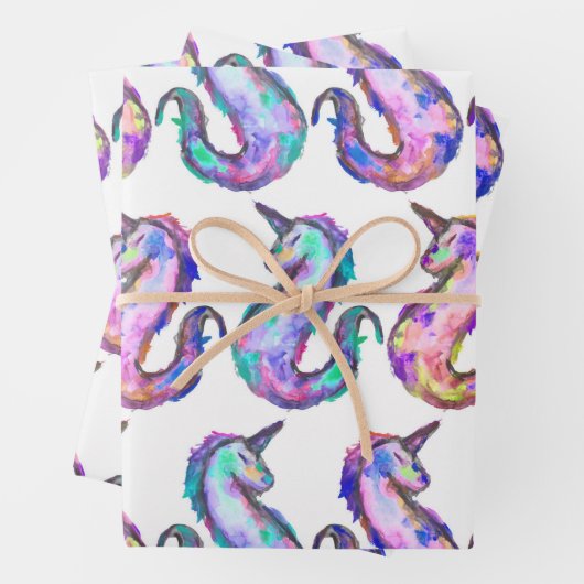 Mythische Roze Blauwgroen Unicorn Seahorse Waterve Inpakpapier Vel (In situ)