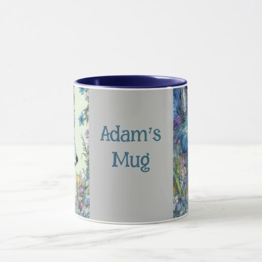 Mythische vos, bloemen. Bewerkbare naam Mok (Midden)