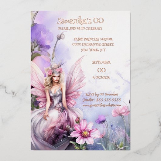 Mythische waterverf fee prinses roze bloemen folie uitnodiging (Voorkant)