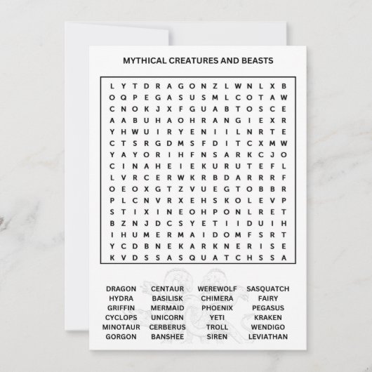 Mythische wezens Word Search Kaart (Voorkant)