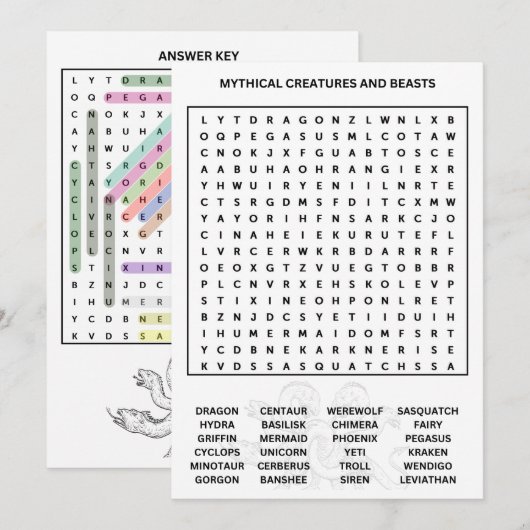 Mythische wezens Word Search Kaart (Voorkant / Achterkant)