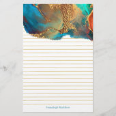 Mytical Abstract Blauwgroen Gold Monogram Lined Briefpapier (Voorkant)