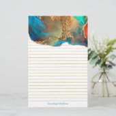 Mytical Abstract Blauwgroen Gold Monogram Lined Briefpapier (Staand voorkant)