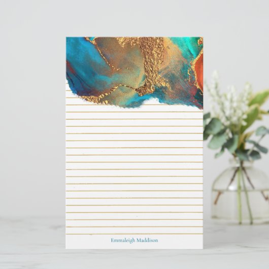 Mytical Abstract Blauwgroen Gold Monogram Lined Briefpapier (Staand voorkant)