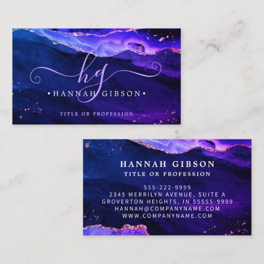 Mytical Paars Pink Blue Agate Script Monogram Visitekaartje (Voorkant / Achterkant)
