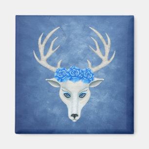 Mytical White Deer Head Big Antlers Blue Rozen Magneet
