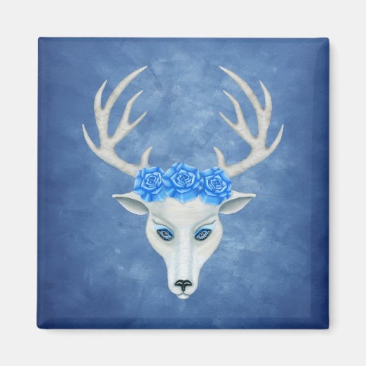 Mytical White Deer Head Big Antlers Blue Rozen Magneet (Voorkant)