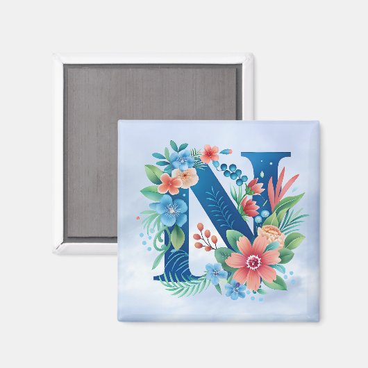N blauw monogram met bloemen magneet (Voorkant / Achterkant)