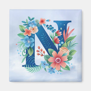 N blauw monogram met bloemen magneet
