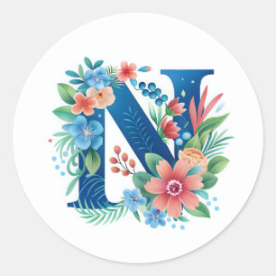 N blauw monogram met bloemen ronde sticker