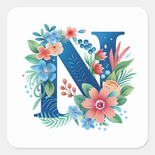 N blauw monogram met bloemen vierkante sticker (Voorkant)