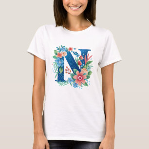 N-blauwe monogram met bloemen t-shirt