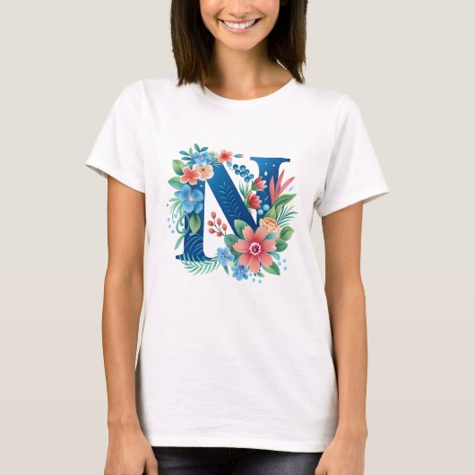 N-blauwe monogram met bloemen t-shirt (Voorkant)