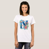N-blauwe monogram met bloemen t-shirt (Voorkant volledig)