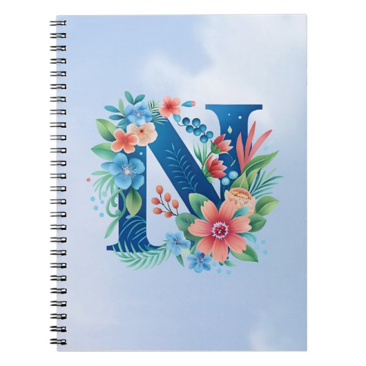 N blue monogram with flowers notitieboek (Voorkant)