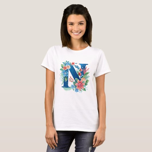 N blue monogram with flowers t-shirt (Voorkant volledig)