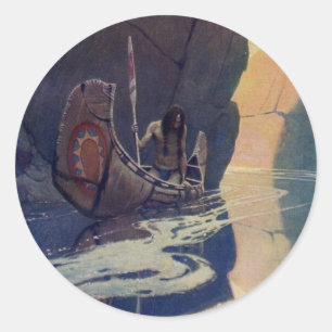 N. C. Wyeth illustratie van Indiaanse kano peddele Ronde Sticker