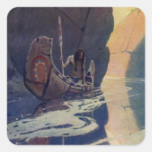 N. C. Wyeth illustratie van Indiaanse kano peddele Vierkante Sticker