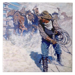 N C Wyeth Schilderij "Wilde paarden vangen" Tegeltje